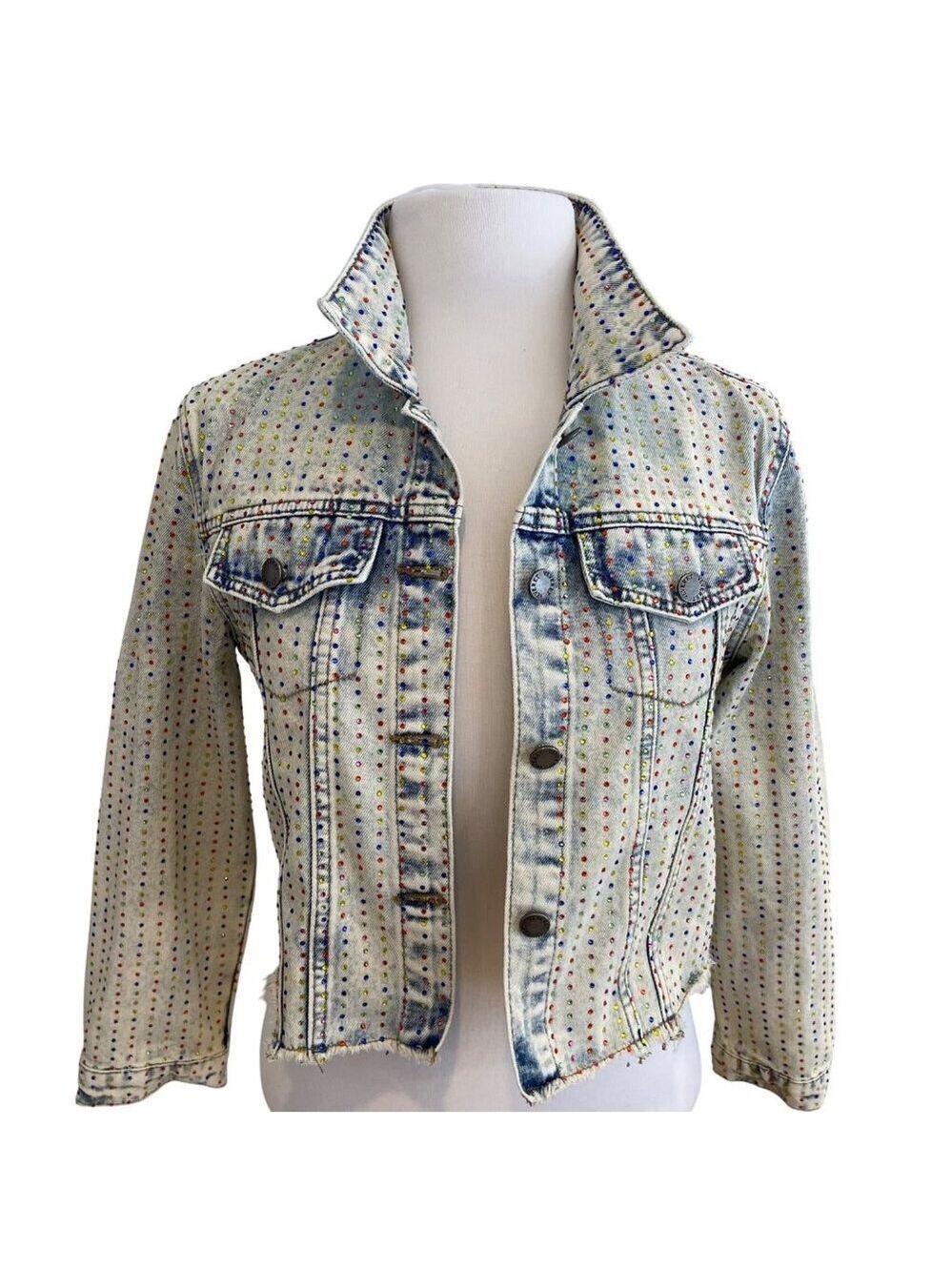 Veveret Rhinestone Studded Denim Jacket Cropped Distressed tie small dye style
